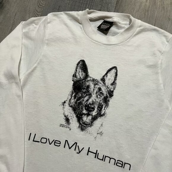 VTG German Shepherd T Shirt White Long Sleeve 90s "I Love My Human" Dog Puppy M - Picture 3 of 4